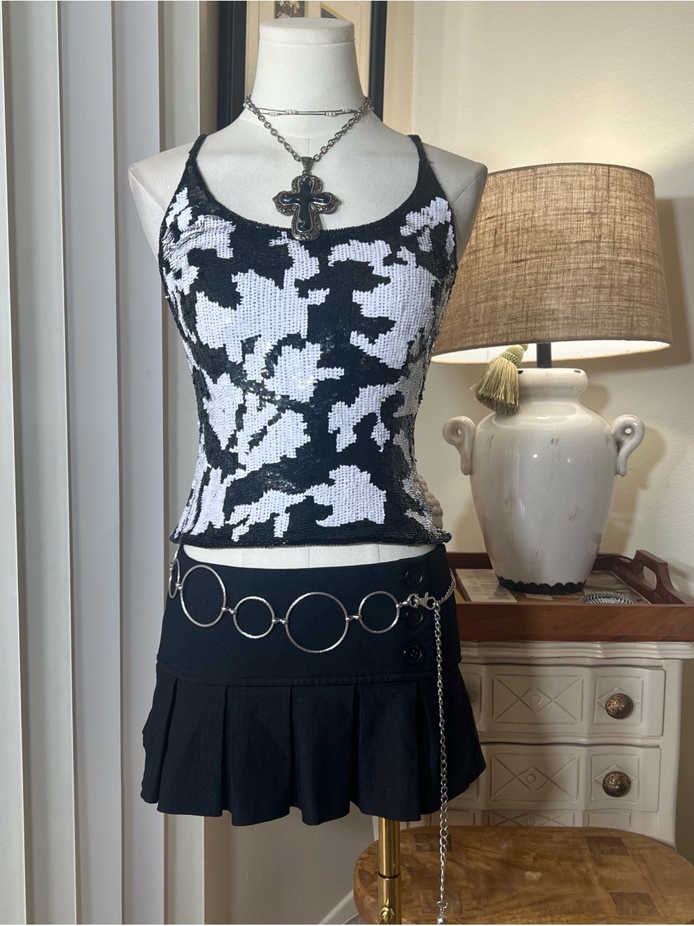 Vintage Cache Sequin Crop Lace Up Tank